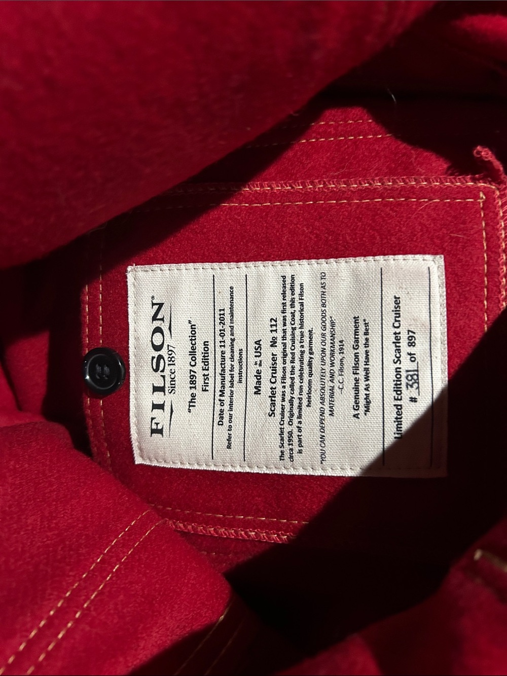 Amazing Filson Scarlet Red Cruiser Edition white stitch No 12 1897 jacket 3XL - Picture 7 of 7